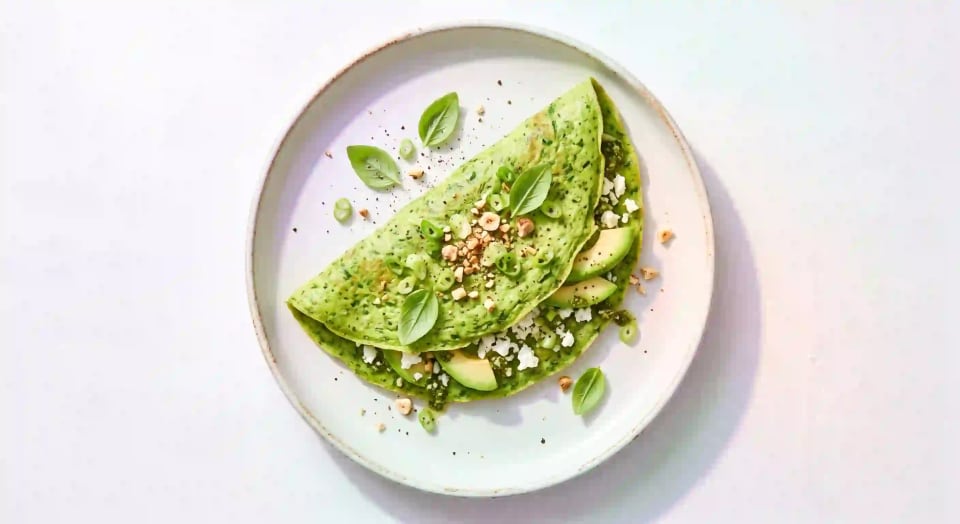 Photo de la recette Omelette printanière avocat, feta et noisettes, idée de petit-déjeuner à 720 kcal par portion
