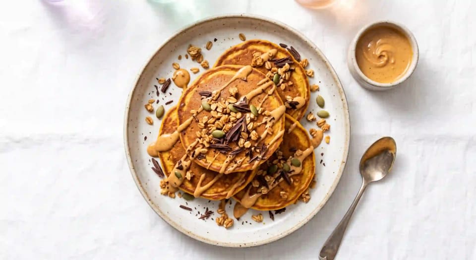 Photo de la recette Pancakes à la farine de patate douce, banane et granola protéiné maison, idée de petit-déjeuner à 1104 kcal par portion