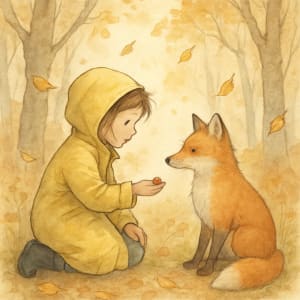 Watercolour and ink style sample — girl offering a berry to a fox