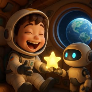3D animation style sample — boy astronaut with a friendly robot