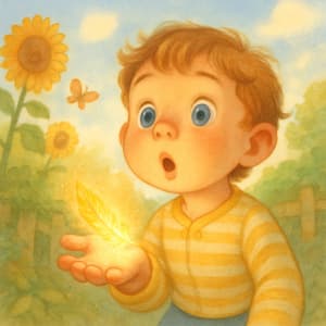 Classic storybook style sample — a wide-eyed young boy holding a glowing feather among sunflowers