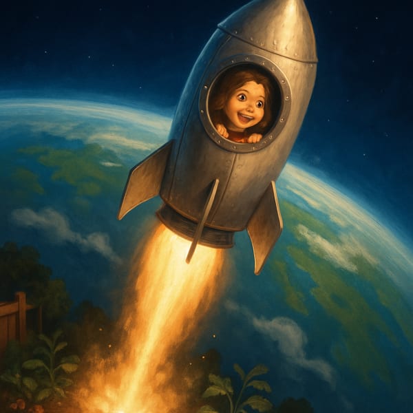 Painterly illustration of a girl flying a rocket on her journey through the stars