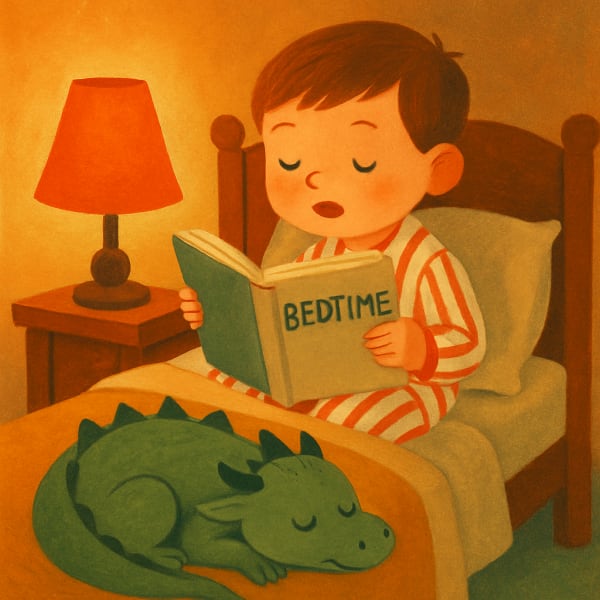 Vintage storybook illustration of a child reading a bedtime story to a sleepy green dragon