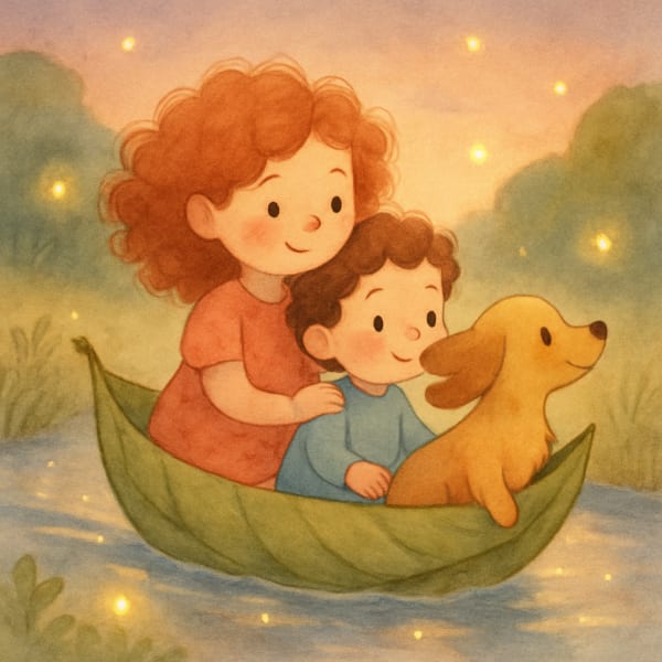 Warm storybook illustration of a big sister and little brother sailing a leaf boat with their golden spaniel puppy — siblings and pets share the adventure