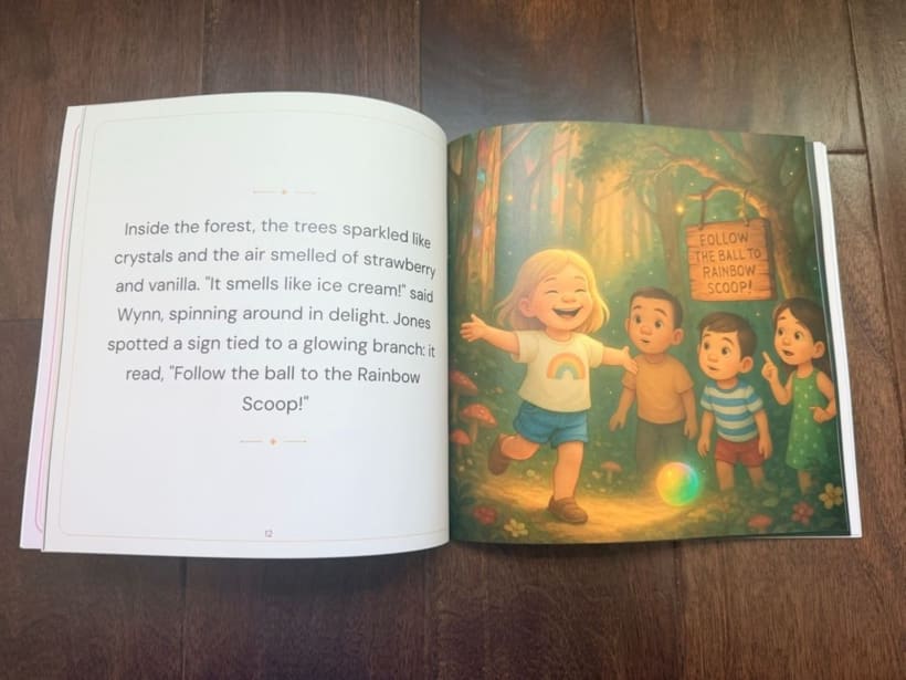 An open personalized storybook on a warm wood floor — story text on the left page facing a full-page illustration of children in a glowing enchanted forest