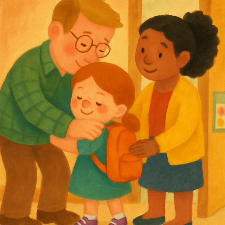From “First Day of School”: kiss, hug, wave — grown-ups always come back.