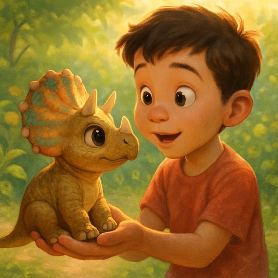 Painterly storybook illustration of a young boy meeting a gentle baby triceratops