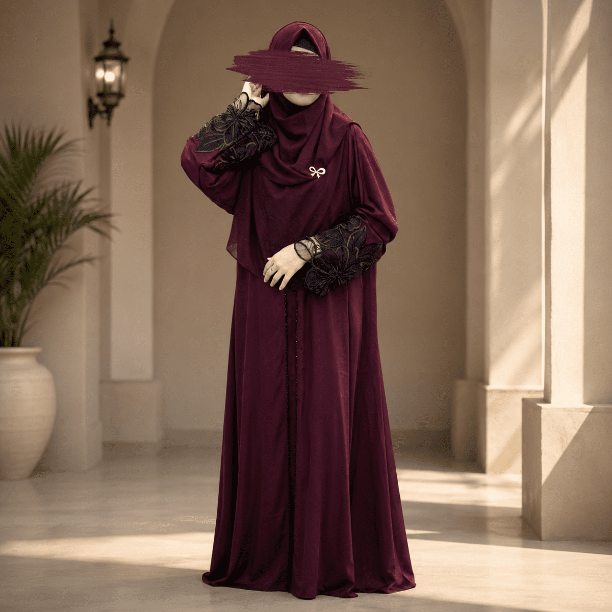 Premium Dubai Cherry Fabric: Elegant Lace Abaya Borka maroon Color