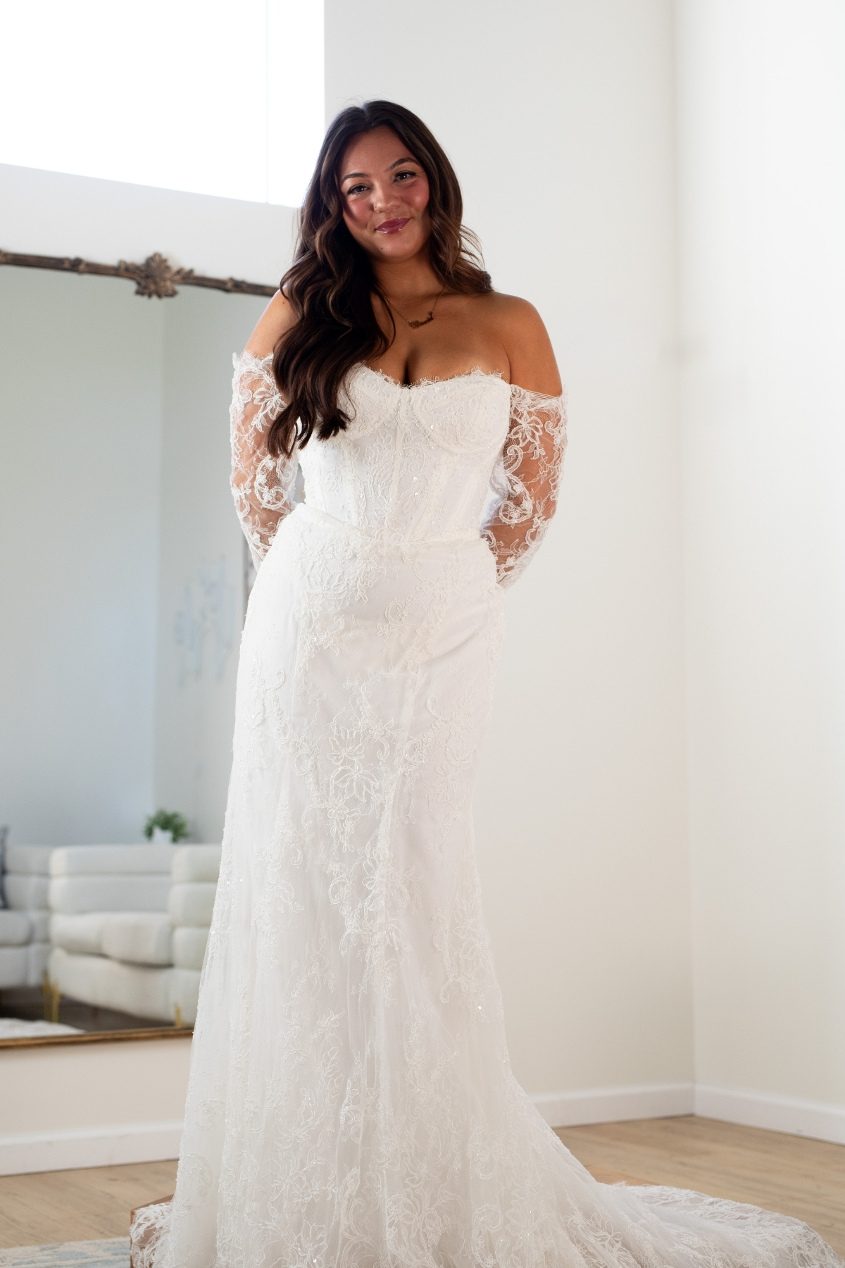 Bride wearing an elegant lace wedding gown