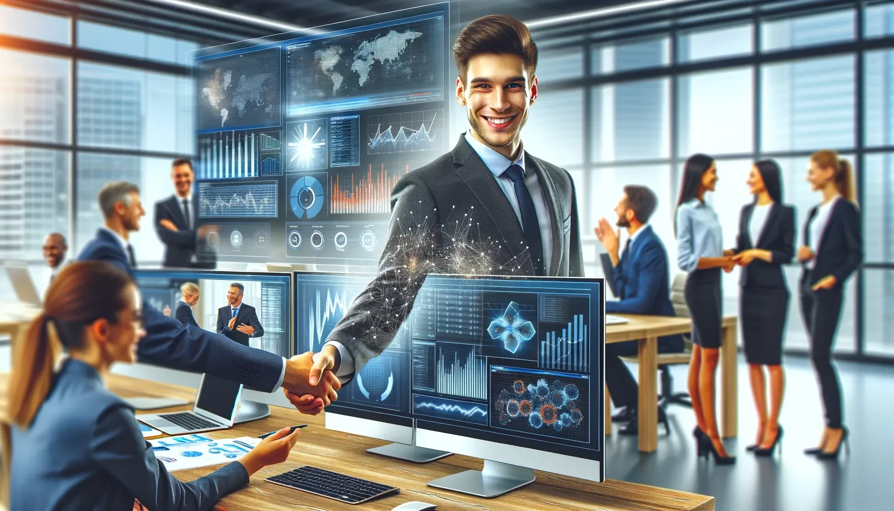 Professionelles Büro mit Mitarbeitern, die an Computern arbeiten, und zwei Geschäftspartnern, die sich die Hand schütteln, vor einem Bildschirm mit Datenanalysen.