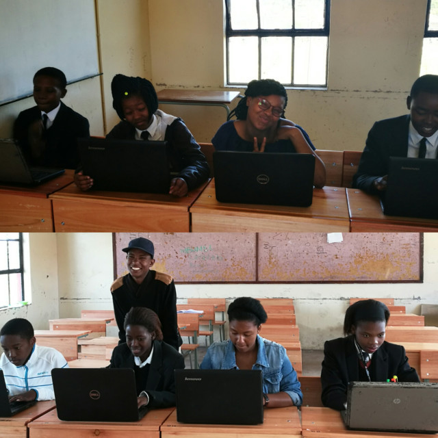 palesa young People of the Madantsane Community being trained on computer literacy skills by one of the mentors