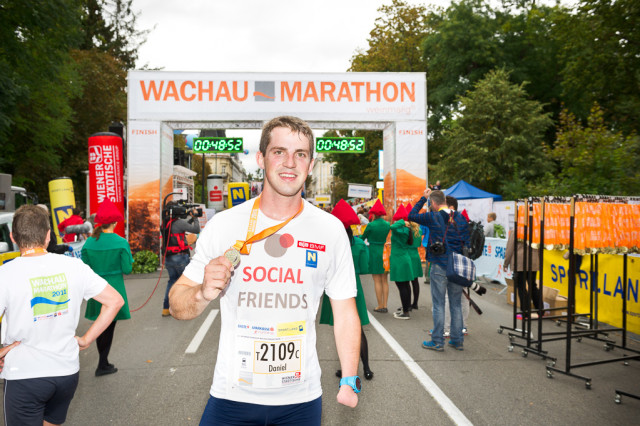 Daniel Auer 2016: Official Partner project of the famous Wachau Marathon where SOCIAL FRIENDS was driving an information desk for the hole weekend. Participation of 4 realy teams including providing guide runners for visual impaired people. At the picture you can see Martin Würz - skier - who also participated in the race. Cooperation will be continued in 2017.