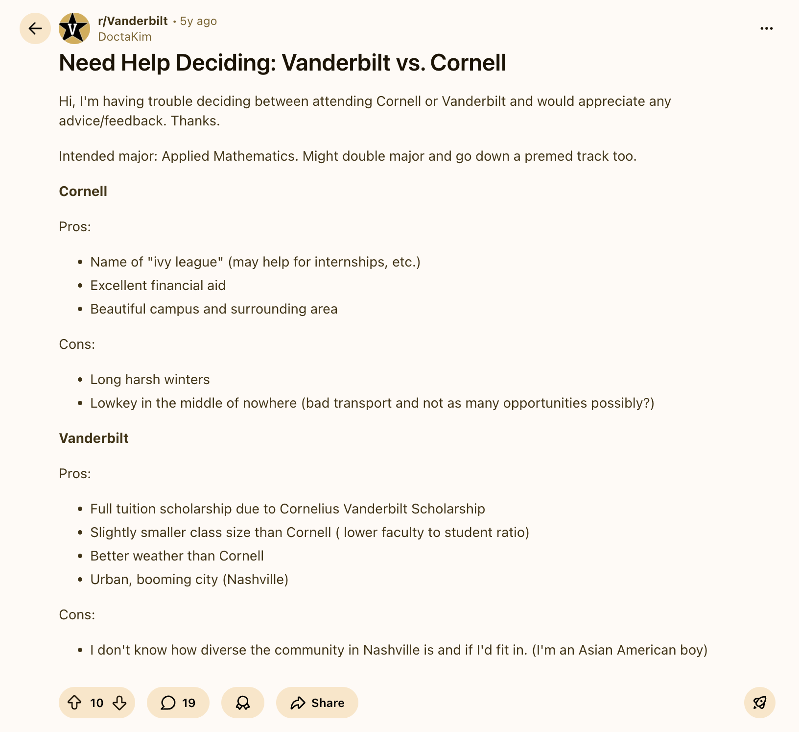 Reddit post about Cornell