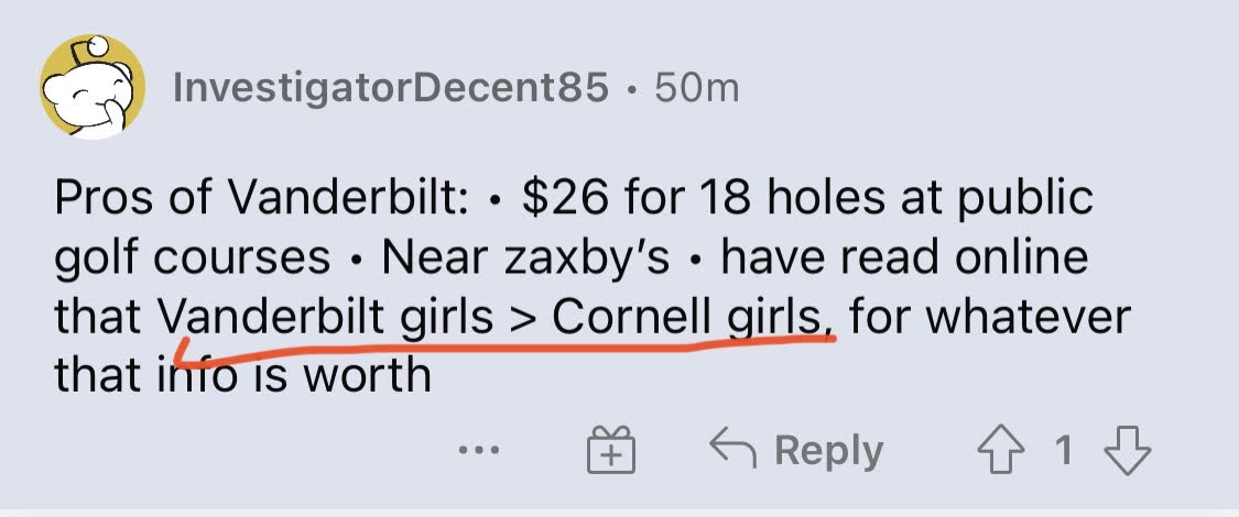 Reddit post about Cornell