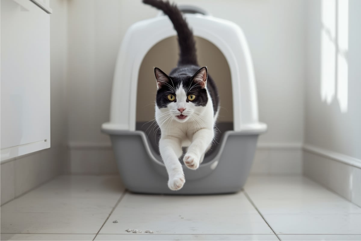 Cat with the zoomies sprinting away from a clean litter box in a bright modern bathroom