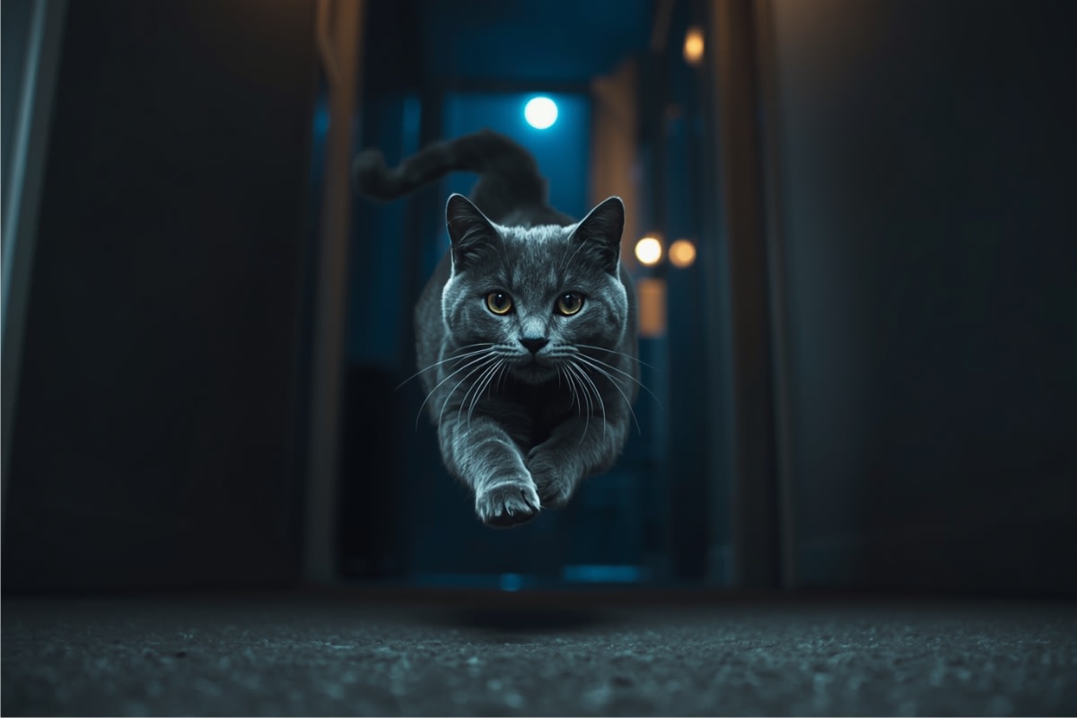 Gray cat leaping down a dark hallway at night during a burst of zoomies