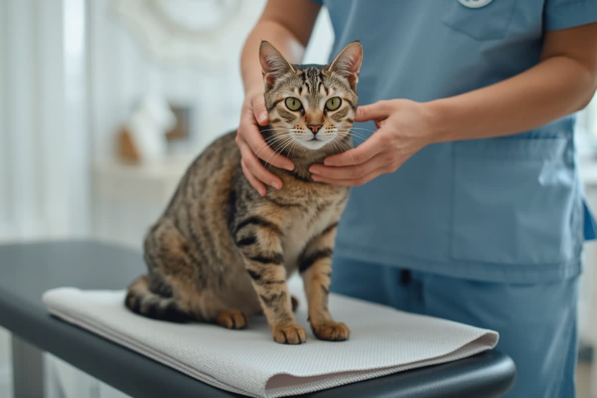 Calm tabby cat having its neck gently examined by a veterinarian on a padded exam table