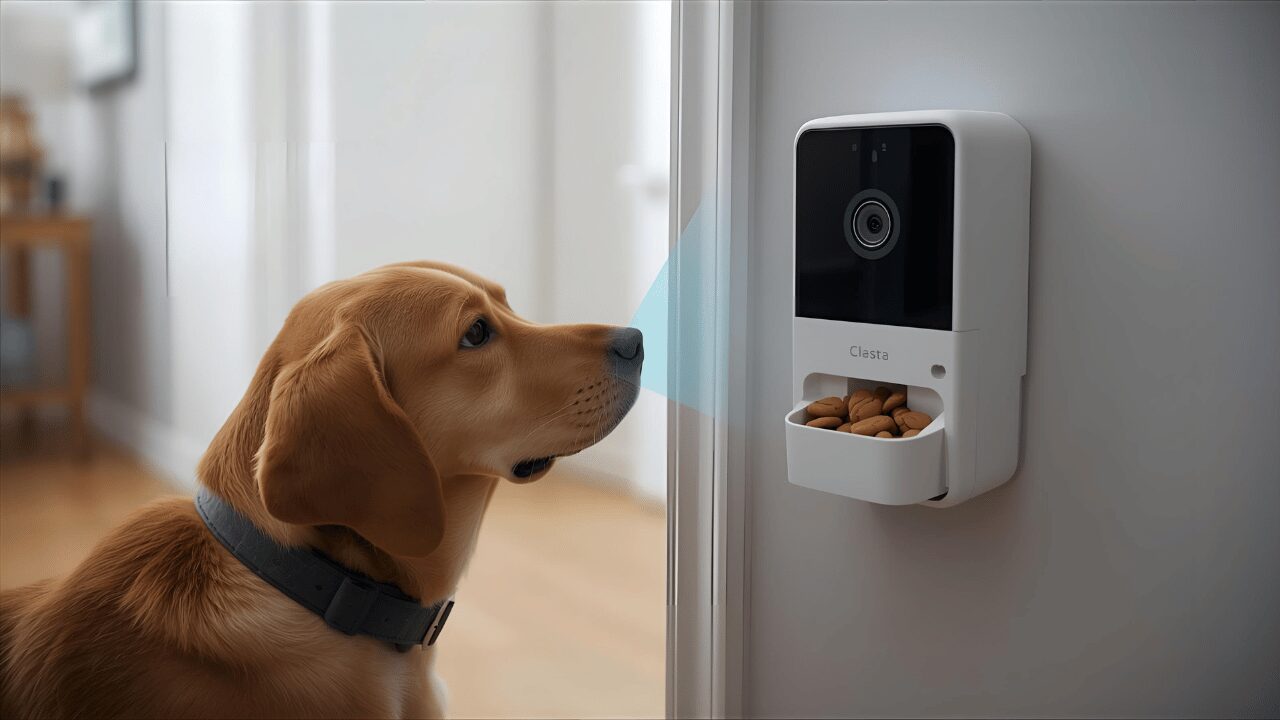 Anxious dog by door being monitored through AI pet camera with treat dispenser
