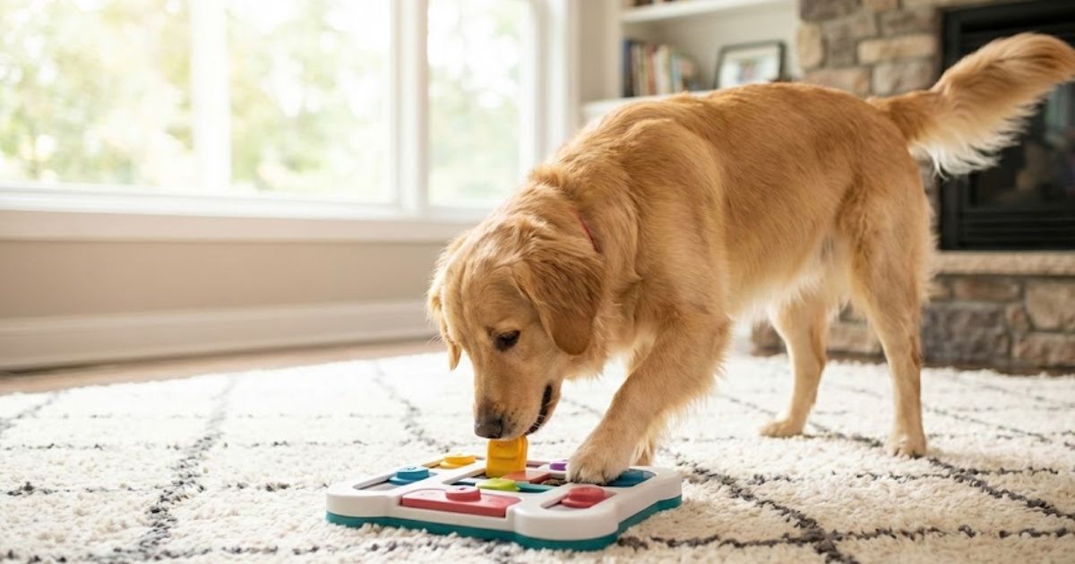 Golden Retriever playing with an interactive puzzle toy on a living room rug