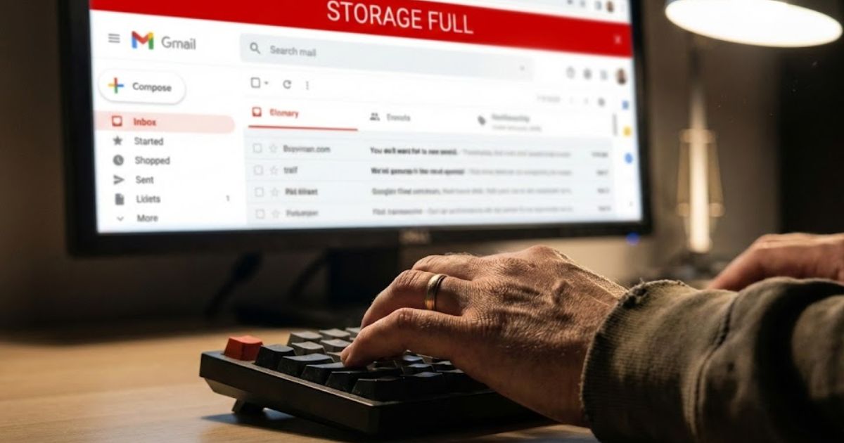 Employé de bureau stressé devant une alerte de stockage Gmail saturé