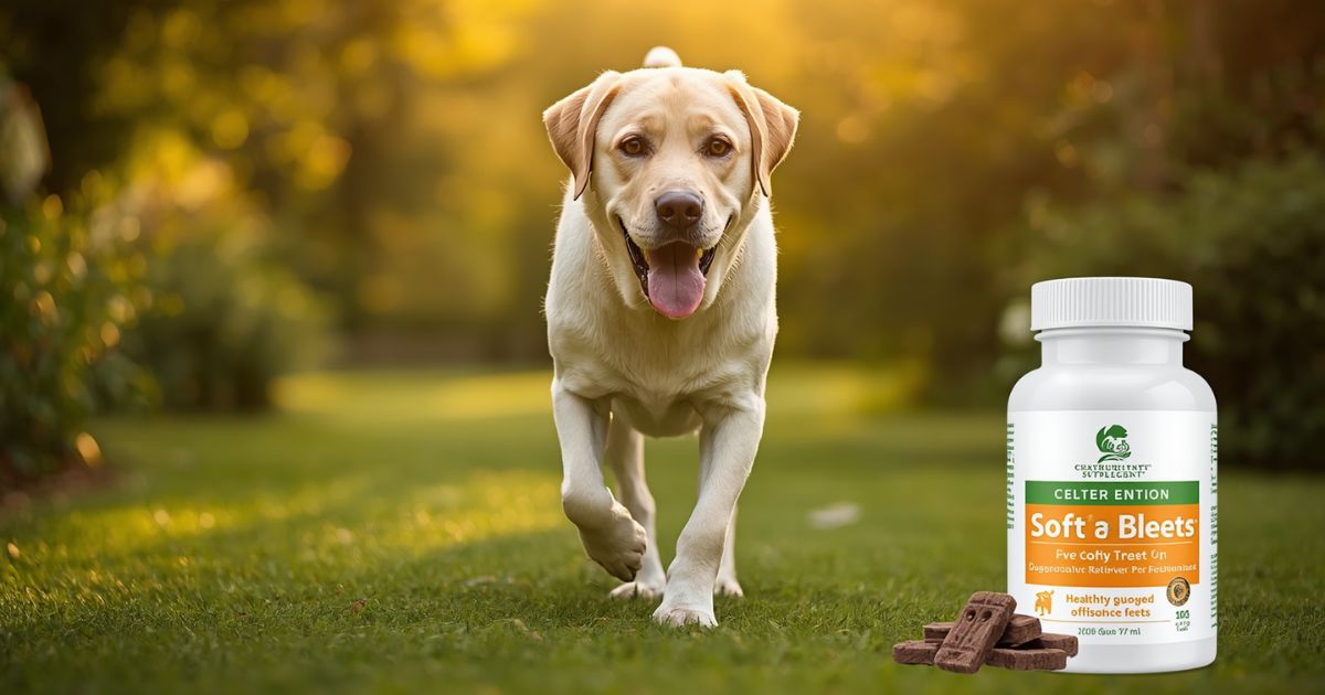 Senior Labrador Retriever walking happily outdoors next to dog joint supplement chews on a sunny day