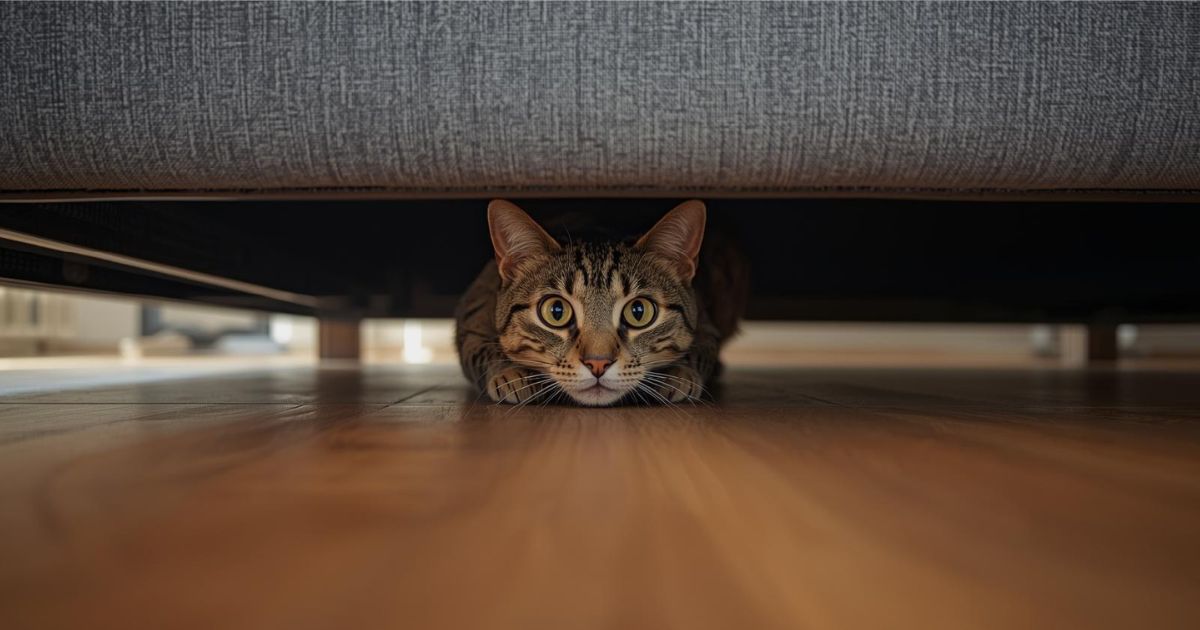 Anxious cat hiding under couch peeking out showing typical feline hiding behavior