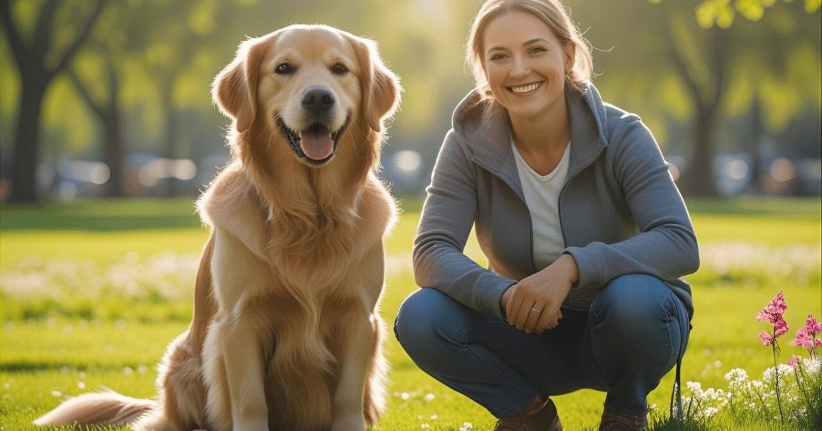 Well-trained golden retriever demonstrating perfect sit command with owner in park