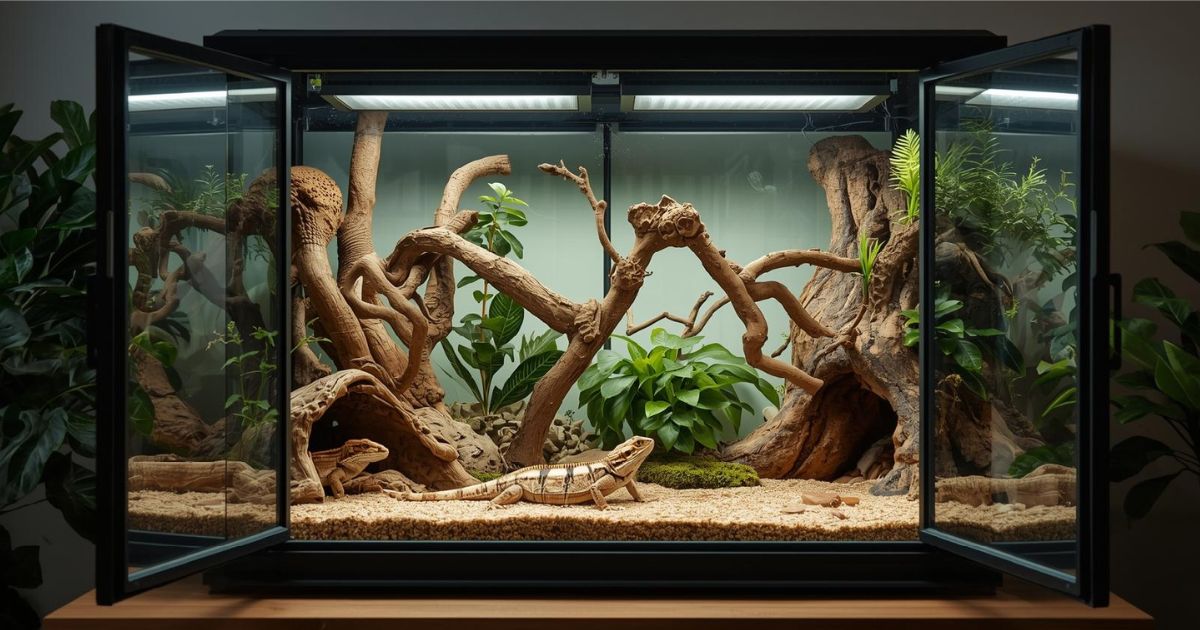 Professional PVC reptile enclosure with front doors showing proper habitat setup including hides, branches, substrate and temperature zones