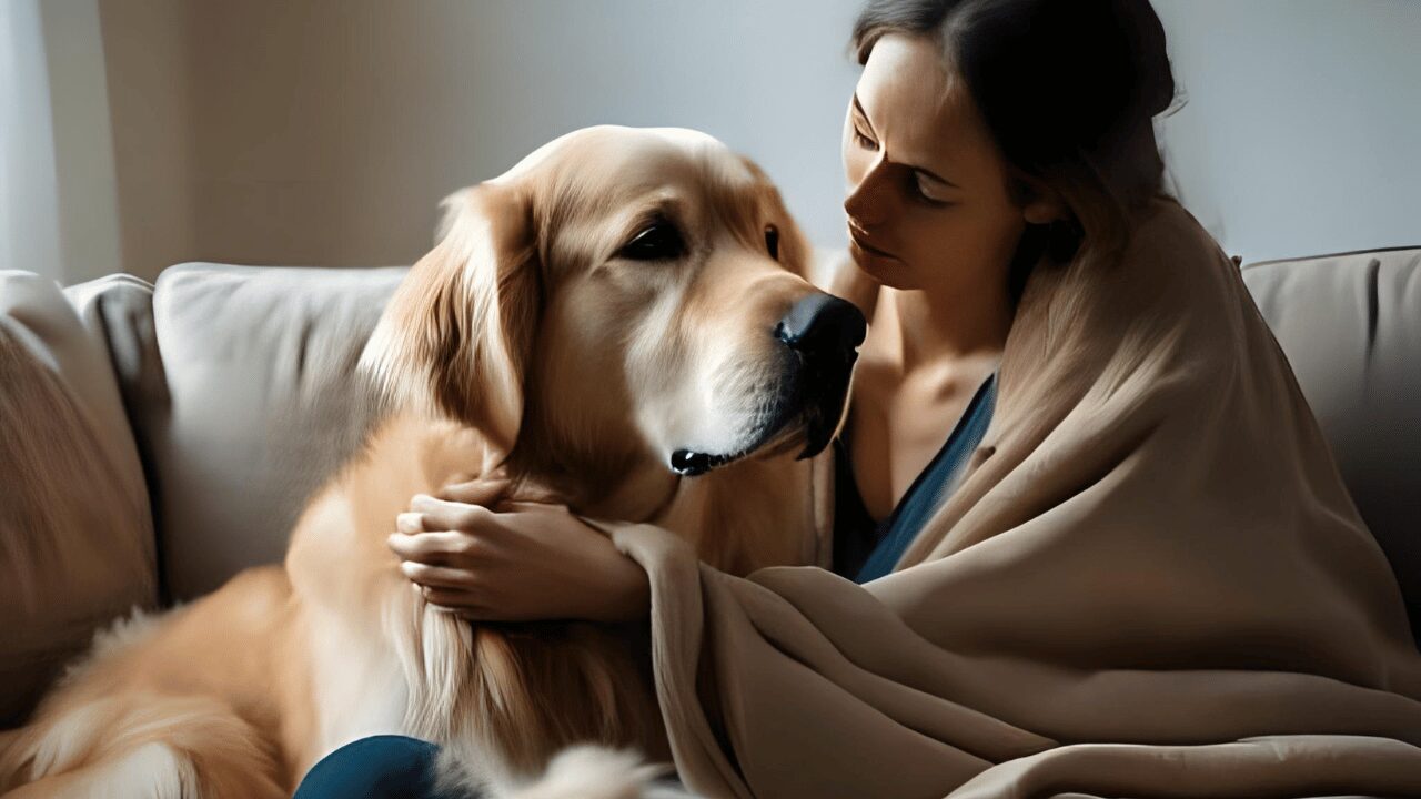 Concerned dog owner comforting anxious golden retriever showing dog mental illness symptoms at home