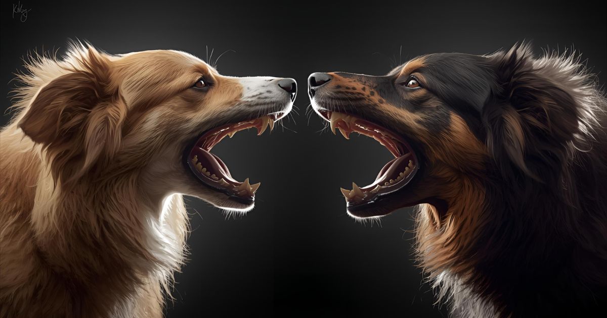 Two dogs barking at each other