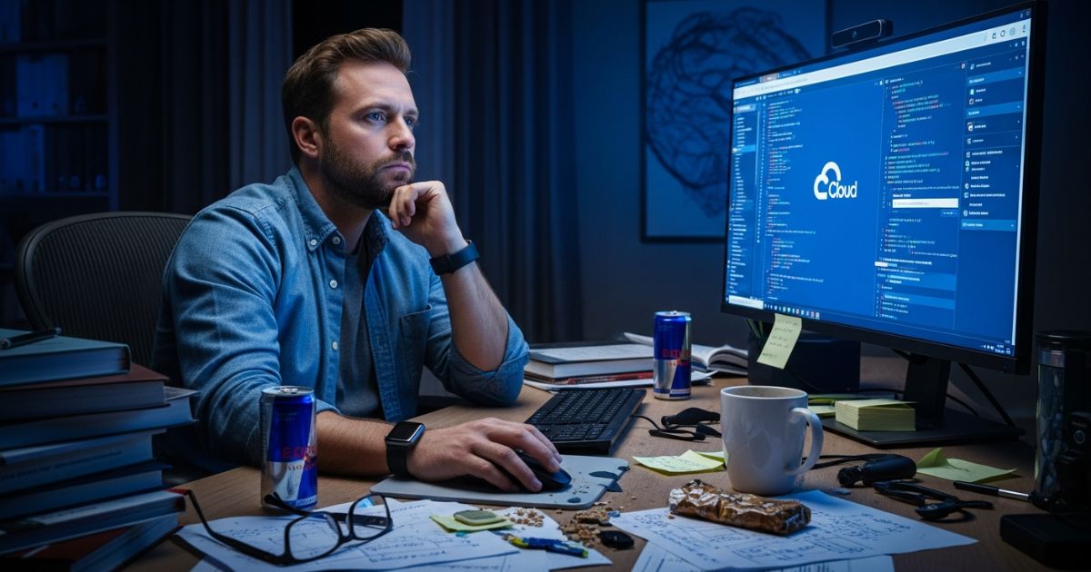 Employé stressé essayant d'obtenir les identifiants OAuth 2.0 pour l'API Gmail tard le soir