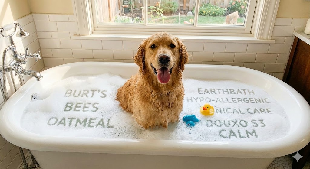 Happy Golden Retriever in a bathtub with bubbles representing best dog shampoos for sensitive skin