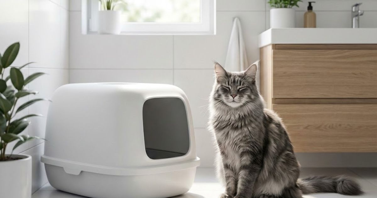 A healthy grey cat sitting next to a pristine litter box without dust clouds