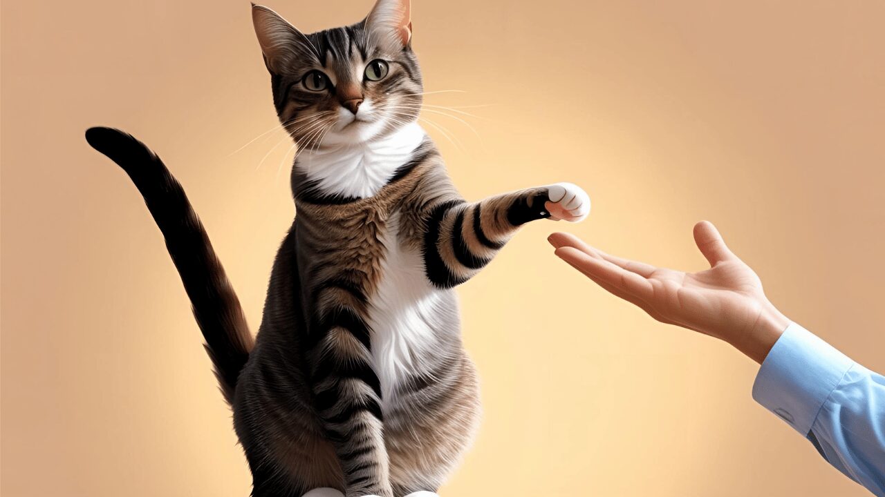 A cat and his owner shaking hands showing perfect friendship