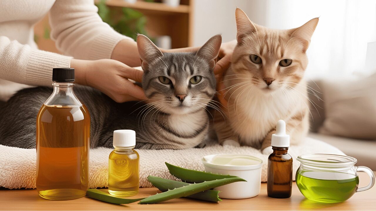2 cats having cat ear infection next to some natural remedies