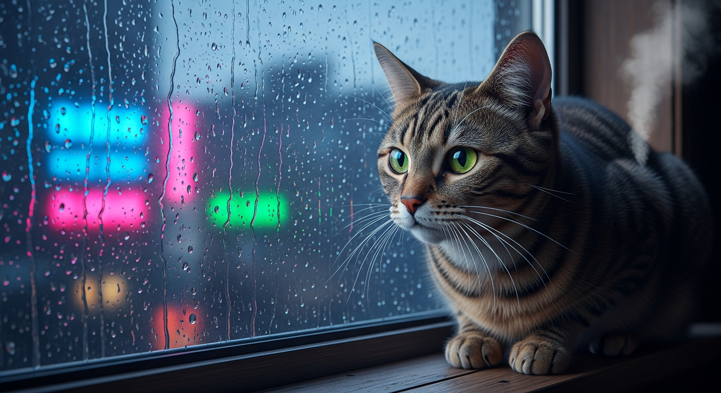 Sad tabby cat looking out a rainy window in a city apartment