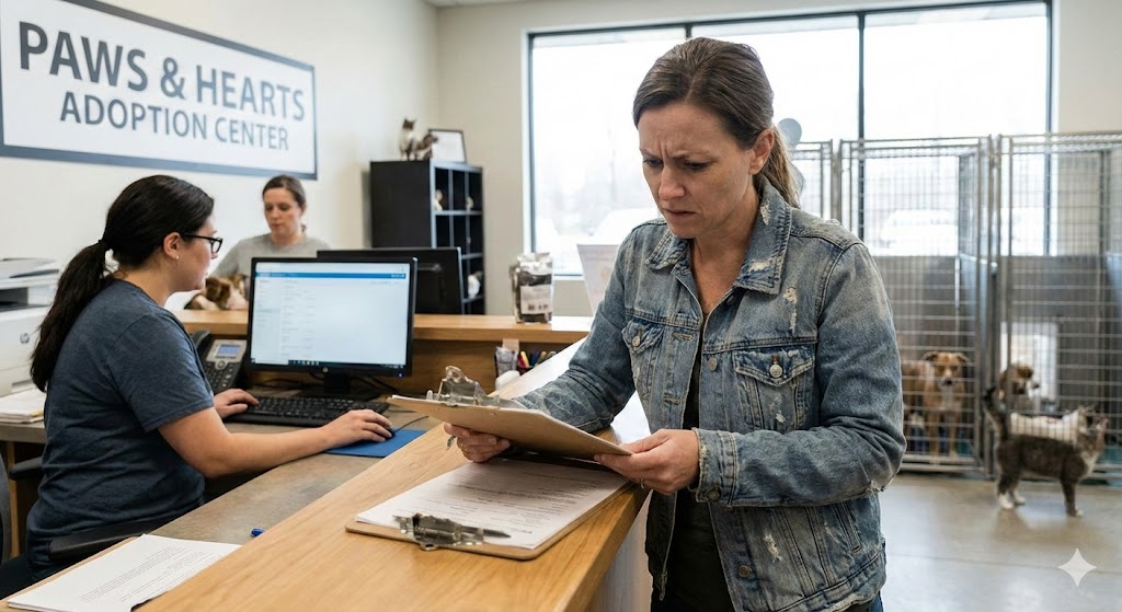 Woman holding a clipboard looking concerned at a pet adoption agency counter