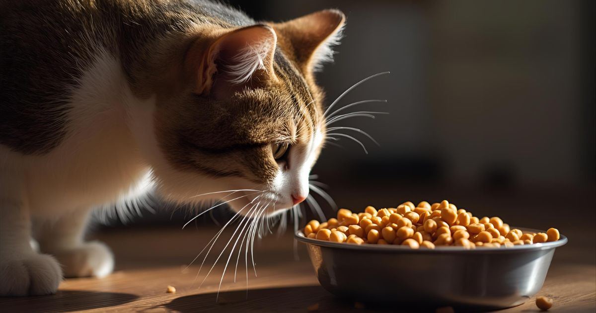 A cat and a bowl of cat food