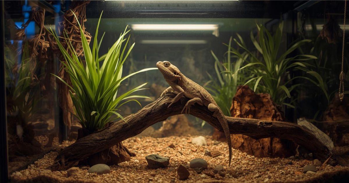 Healthy bearded dragon basking in a well-equipped glass terrarium with UVB lighting, natural branches, and proper substrate