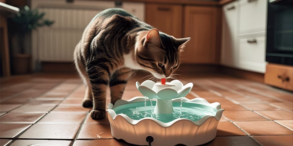 Cat drinking water from a flower-style pet fountain on the floor