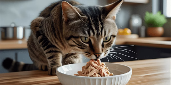 Tabby cat eating wet food from a ceramic dish