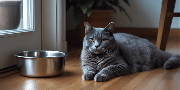 Older gray cat resting beside a clean water bowl