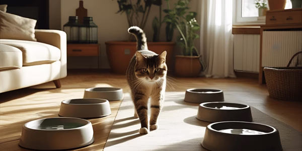 Cat walking through a living room with two visible water bowls on the floor
