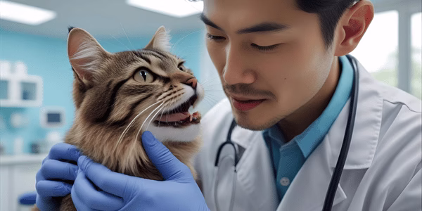 Veterinarian checking a cat’s hydration by examining gums during a checkup