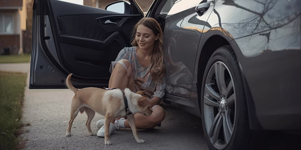 Dog exploring an open parked car next to its owner during desensitization training.