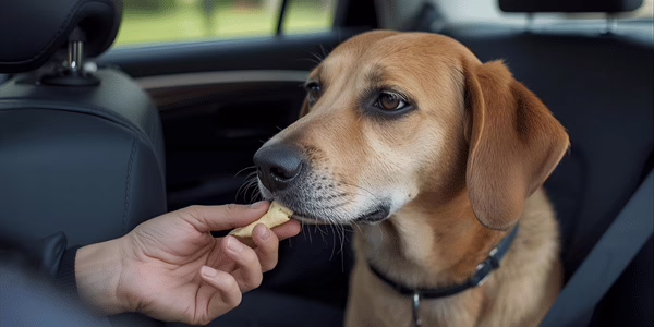Dog in car receiving calming treat from owner before a car ride.