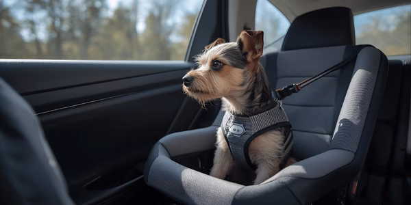 Small terrier sitting in a booster car seat looking out the window during travel.