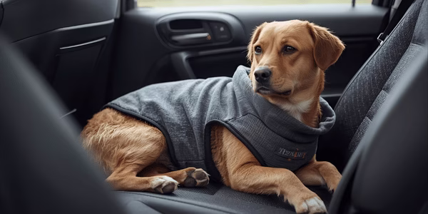 Small terrier sitting in a booster car seat looking out the window during travel.