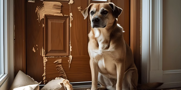 Dog showing separation anxiety symptoms with destructive behavior near front door
