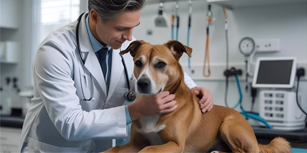 Veterinarian examining dog to diagnose potential mental illness symptoms and medical causes